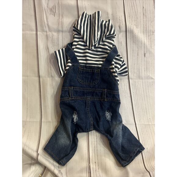 Dog/Pet Overall suit Denim/Navy Stripe T-shirt Hoodie Hood Snaps L New - Picture 2 of 4
